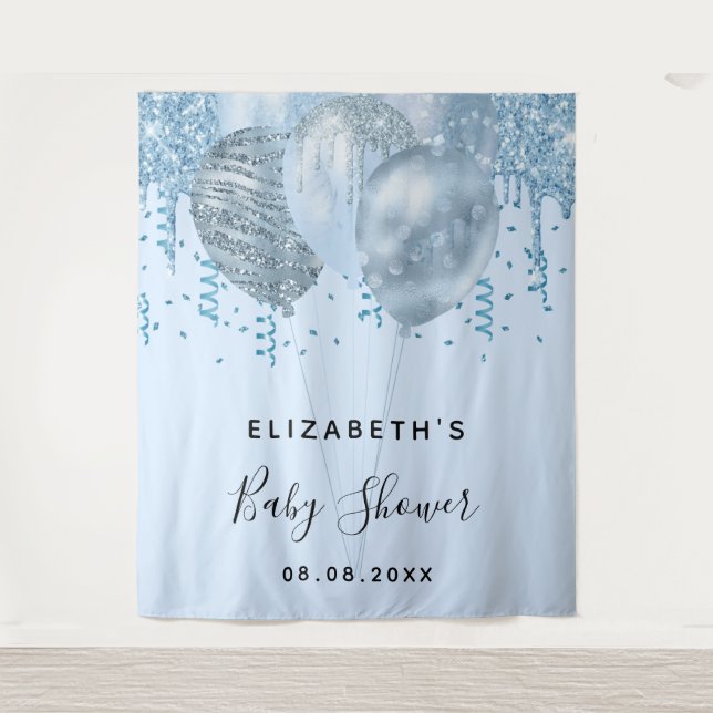 Tenture Baby Shower garçon ballons paillettes bleus argent (Devant)