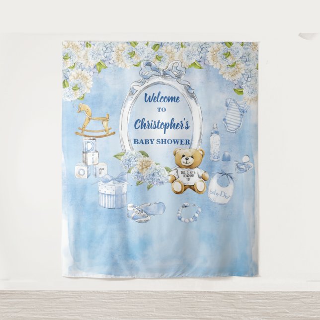Tenture Baby shower garçon Fleurs bleues Teddy Bear fond (Devant)