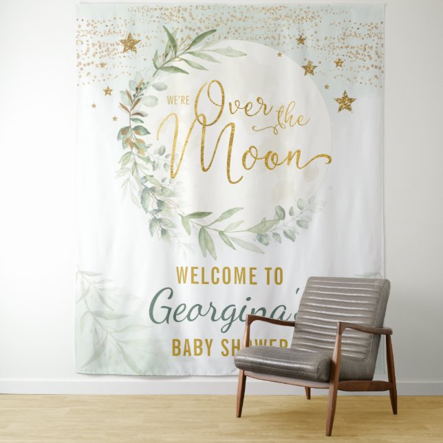 Tenture Baby Shower Lune Verte Or Bienvenue (En situation)