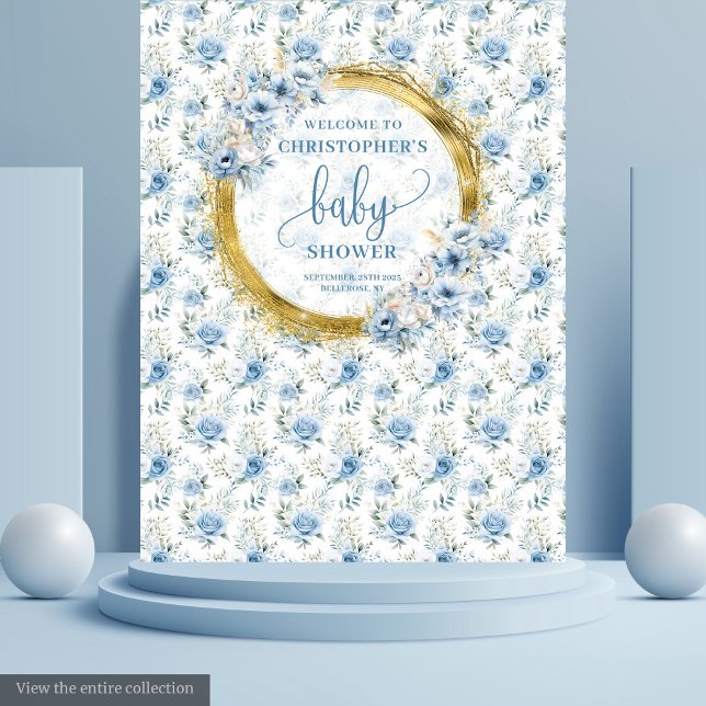 Tenture Baby shower petit garçon fleurs pastel bleu et or (Little pastel blue flowers gold boy baby shower Tapestry)