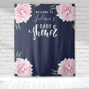 Tenture Baby shower Pink Peony Navy Blue Welcome