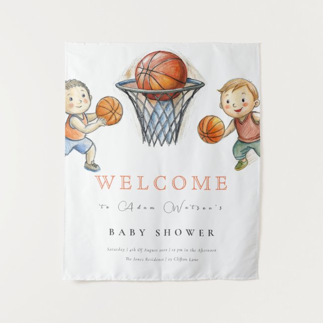 Tenture Baby Shower pour Notre Petit Champion de Basket (Devant)