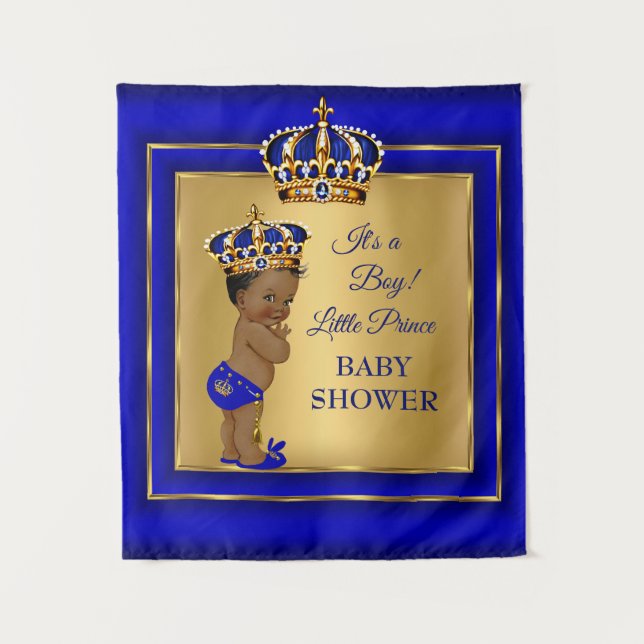 Tenture Baby Shower Prince garçon Or Bleu Afro-Américain (Devant)