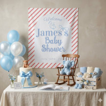 Baby shower « Rayures rouges et ruban bleu clair »