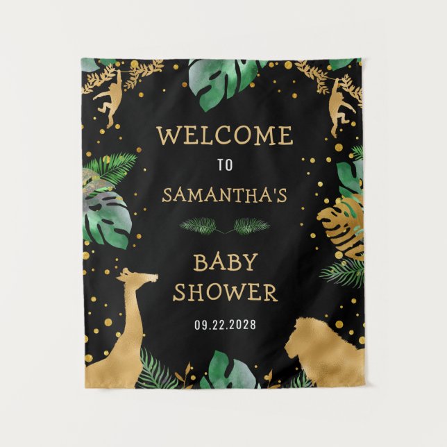 Tenture Baby Shower Safari Bienvenue Noir Or Vert (Devant)
