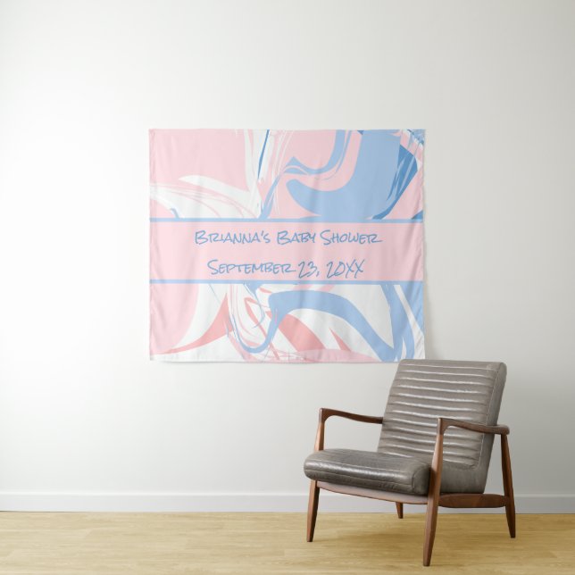 Tenture Baby Shower Tourbillon Marbre Rose Blanc Bleu (En situation (horizontale))