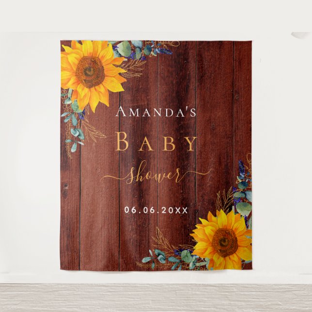 Tenture Baby Shower tournesol rustique marron bois eucalyp (Devant)