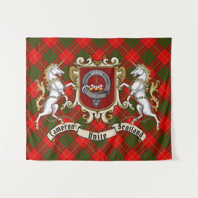 Tenture Badge de clan Cameron et licornes avec Tartan (Devant (Horizontal))