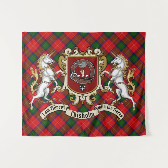 Tenture Badge de clan Chisholm et licornes avec Tartan (Devant (Horizontal))