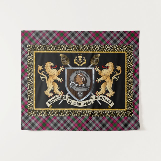 Tenture Badge et devise du clan Borthwick avec Lions (Devant (Horizontal))