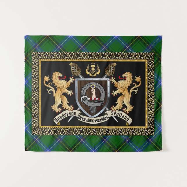 Tenture Badge et devise du clan Henderson avec Lions (Devant (Horizontal))