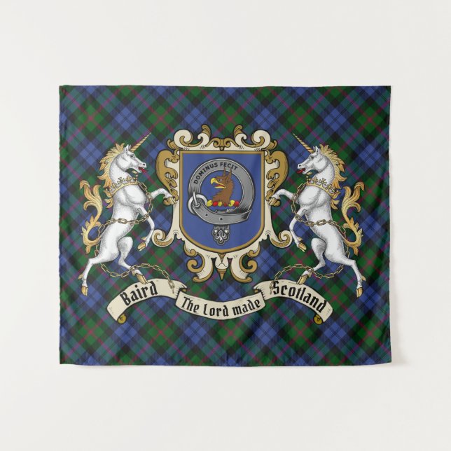 Tenture Baird Clan Badge & Unicorns avec Tartan (Devant (Horizontal))