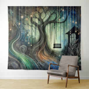Tenture Balançoire d'arbre enchanté et lumières scintillan
