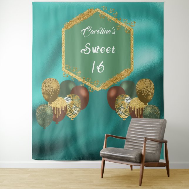 Tenture Ballons de fête verts et pailletés Sweet 16 (En situation)