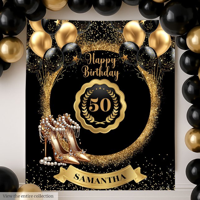 Tenture Ballons d'or noir 50e anniversaire fond (Black Gold Balloons 50th Birthday Backdrop)