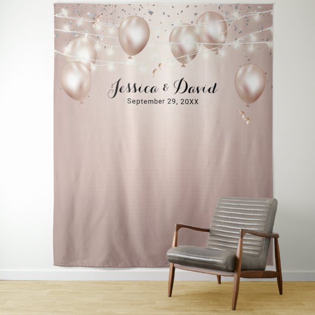 Tenture Ballons et Serpentin Rose Gold Moderne Mariage (En situation)