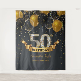 Tenture Ballons noirs et or diamant fête d'anniversaire 50