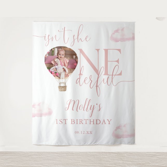 Tenture Ballons photo original rose 1er anniversaire fond (Devant)