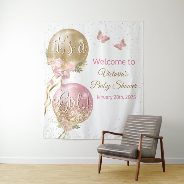 Tenture Balloon rose or fille Baby shower L fond (En situation)