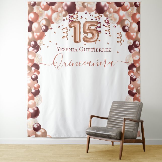 Tenture Balloons de Quinceañera Glam Bourgogne Or Rose (En situation)