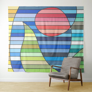 Tenture Bandes géométriques avec cercle rouge et courbes v