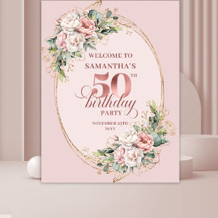 Tenture Bannière 50e Anniversaire Rose Doré Pâle Fleurie