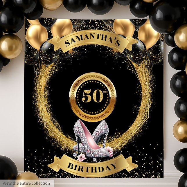 Tenture Bannière branchée 50 Anniversaire Étincelle Argent (Trendy 50 Birthday Banner Sparkle Silver High Heel Tapestry)