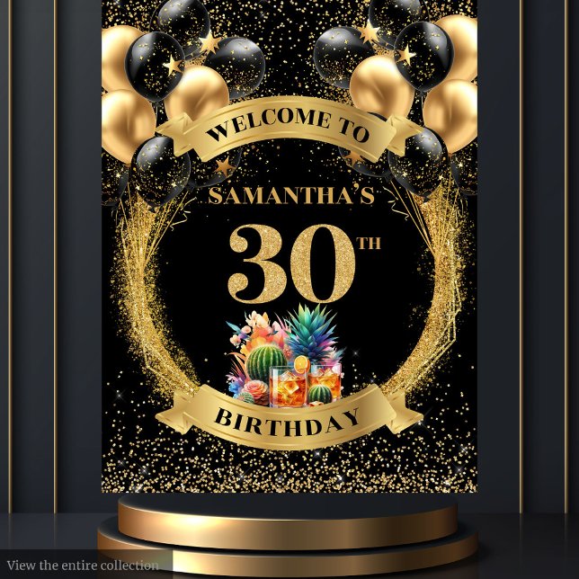 Tenture Bannière Chic 30e anniversaire Whiskey Black Gold  (Chic 30th Birthday Whiskey Black Gold Party Banner Tapestry)