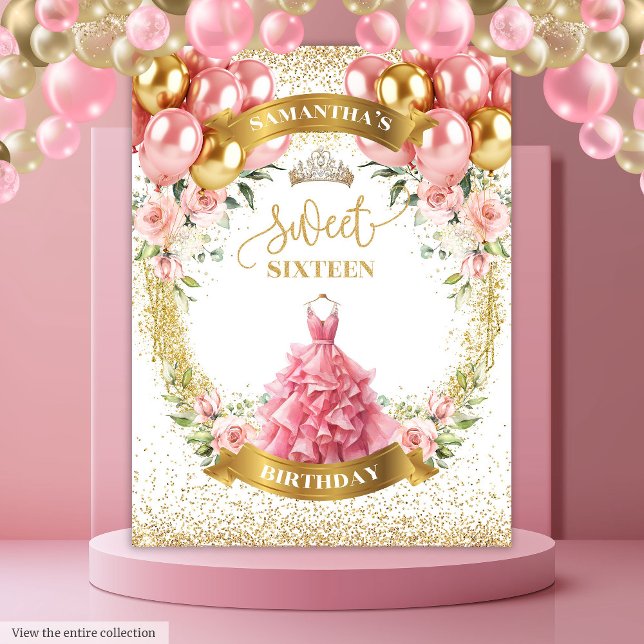 Tenture Bannière classique Sweet 16 Party Blush Gold Tiara (Classic Sweet Sixteen Party Banner Blush Gold Tiara)