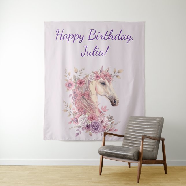 Tenture Bannière d'anniversaire Cheval Fleurs et Poneys Mi (En situation)