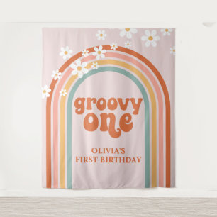 Tenture Bannière d'anniversaire Groovy One Rétro Arc-en-ci