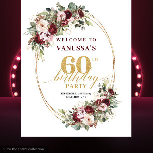 Tenture Bannière de 60 ans Floral Or Bourgogne Classique