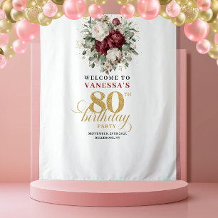 Tenture Bannière de 80e anniversaire Burgundy Blush de cré