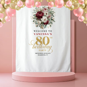 Tenture Bannière de 80e anniversaire en doré rose romantiq
