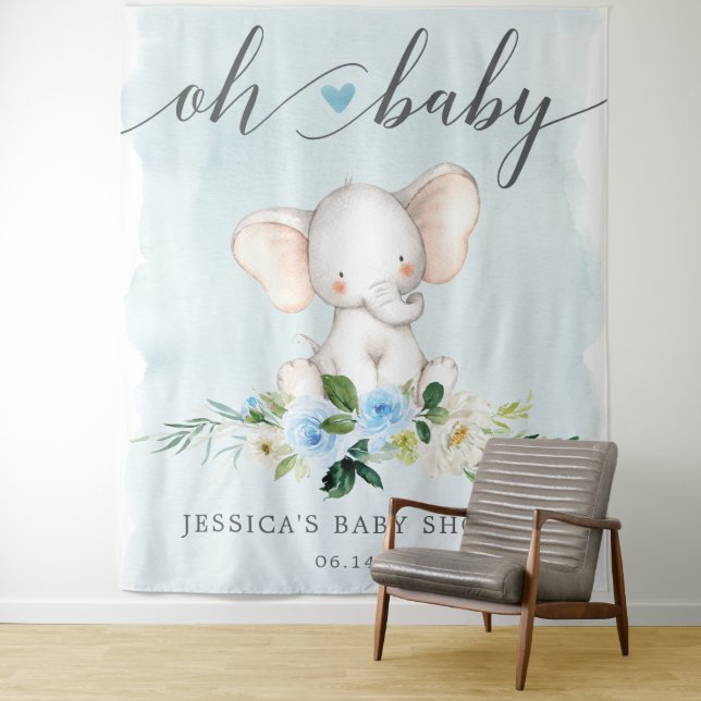 Tenture Bannière de Baby Shower Éléphant Bleu Toile de Fon (En situation)