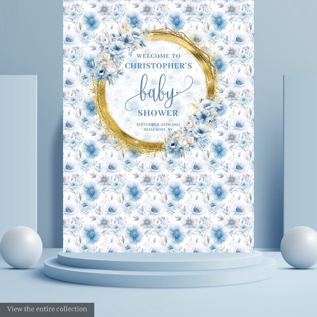 Tenture Bannière de Baby Shower Fleurie Bleu Pastel et Or  (Dainty Pastel Blue Gold Floral Baby Shower Banner Tapestry)