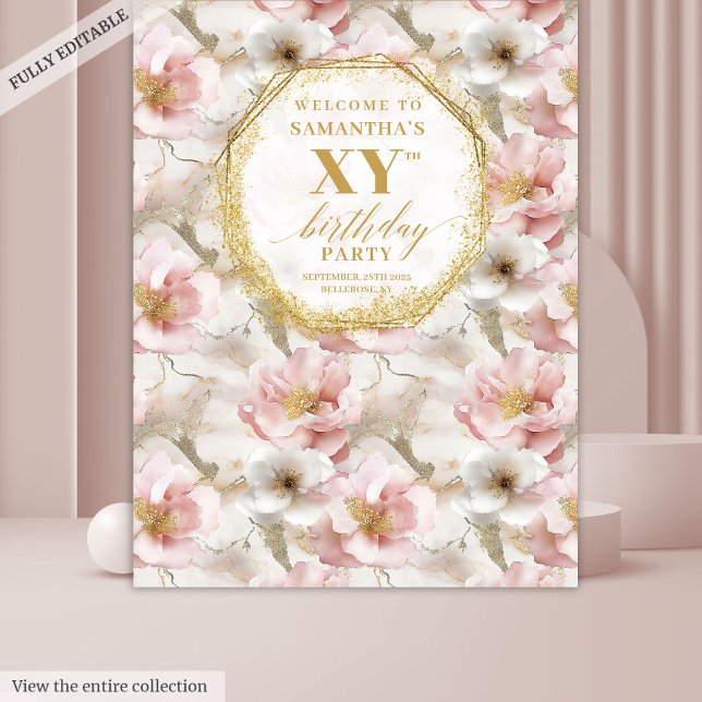 Tenture Bannière de célébration d'anniversaire florale ros (Fabulous Blush Floral Birthday Celebration Banner Tapestry )