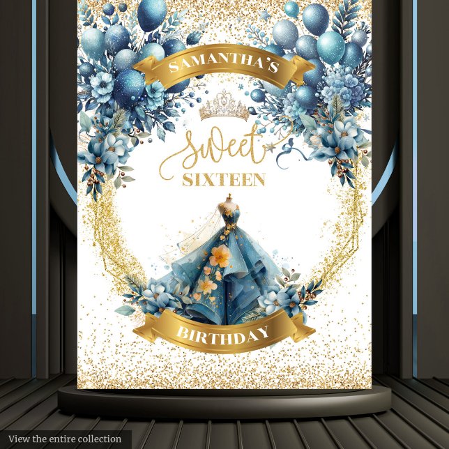 Tenture Bannière de fête aquarelle Sweet 16 Bleu Or Paille (Blue Gold Sparkle Sweet 16 Watercolor Party Banner Tapestry)