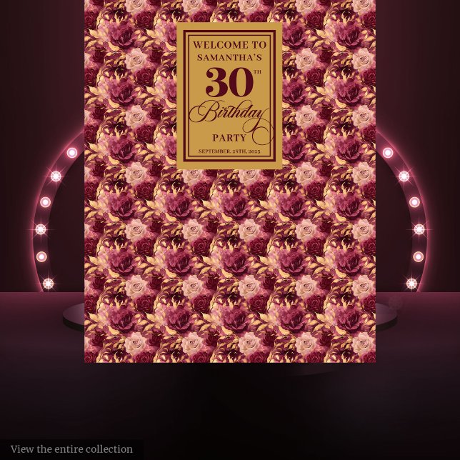 Tenture Bannière de fête d'anniversaire Chic Burgundy Blus (Chic Burgundy Blush Gold 30 Birthday Party Banner Tapestry)