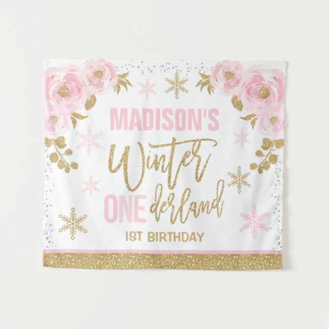 Tenture Bannière de fête d'anniversaire rose pour 1 an de  (Devant (Horizontal))