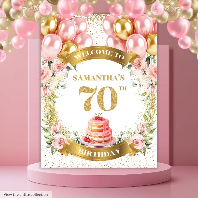 Tenture Bannière de fête Or Rose pour un 70ème Anniversair (Elegant 70th Birthday Blush Gold Party Banner Tapestry)