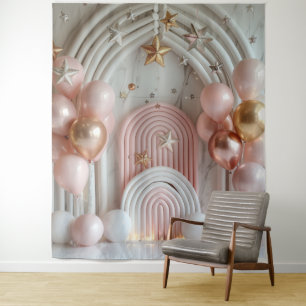 Tenture Bannière de fête photo avec ballons roses et étoil