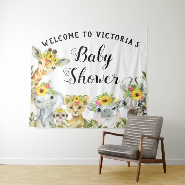 Tenture Bannière de fond pour Baby Shower Sunflower Safari (En situation (horizontale))