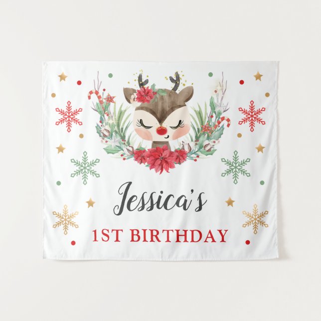 Tenture Bannière de Noël de Renne 1er Anniversaire Cerf d' (Devant (Horizontal))
