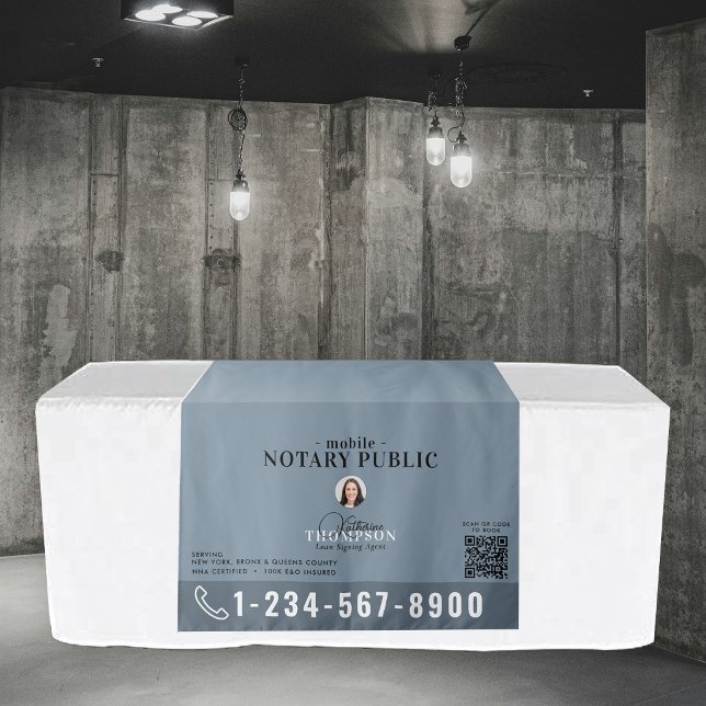 Tenture Bannière de table avec code QR de photo d'agent de (Notary Signing Agent Photo QR Code Table Banner Tapestry)
