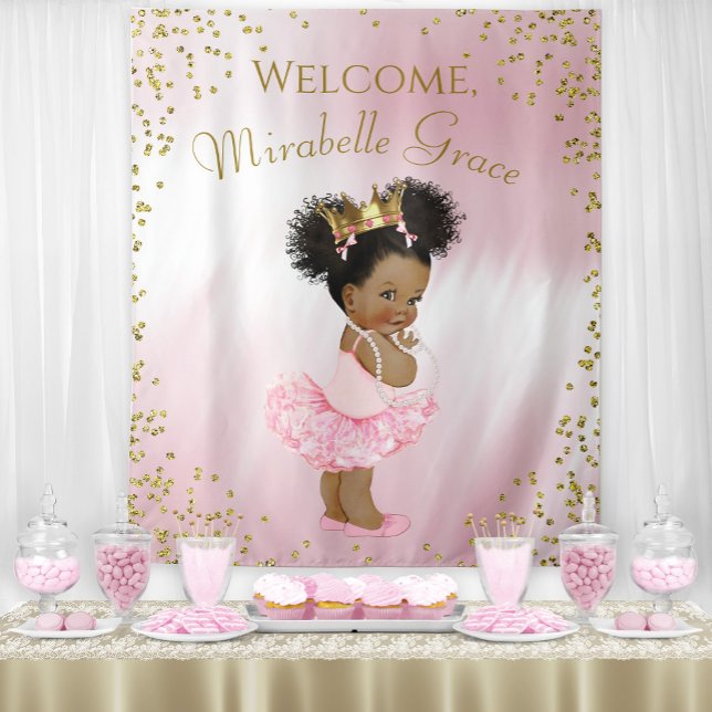 Tenture Bannière de toile de fond pour Baby Shower de prin (Cute pink and gold princess baby shower backdrop. Simply add your own text.)