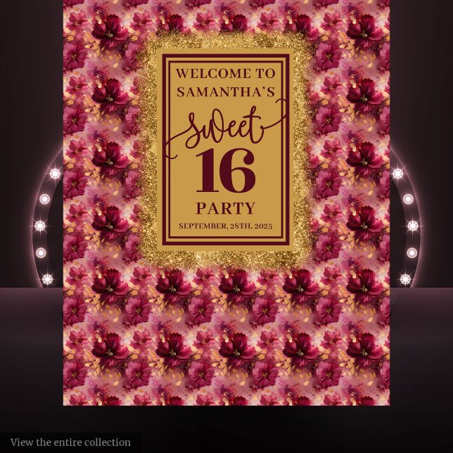 Tenture Bannière dorée Glamorisante Sweet 16 Broussaillée  (Glamorous Sweet 16 Blush Burgundy Gold Banner)