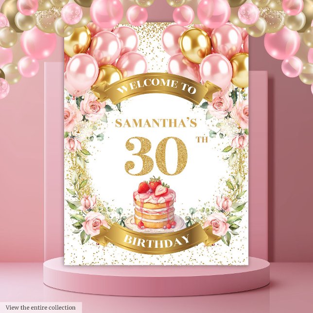 Tenture Bannière dorée rose pour un 30e anniversaire charm (Charming 30th Birthday Blush Gold Banner)