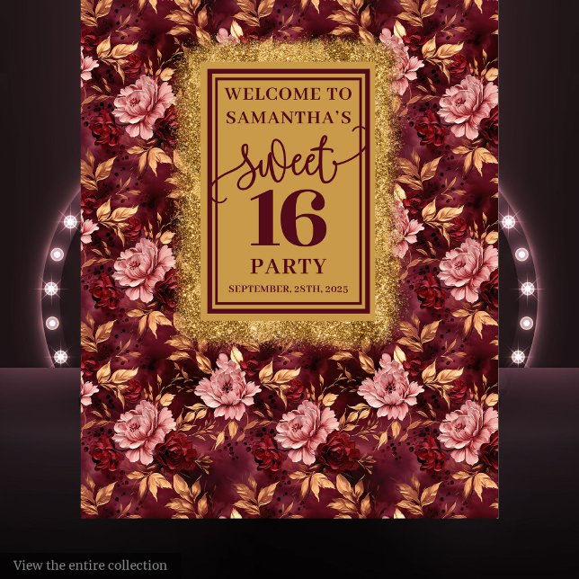 Tenture Bannière en or bleu Bourgogne 16 Sweet (Stunning Sweet 16 Blush Burgundy Gold Banner)