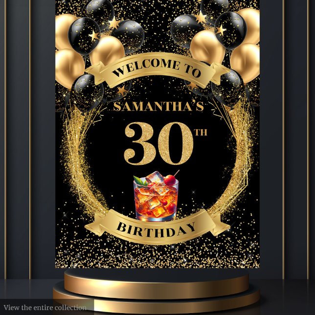 Tenture Bannière en or noir 30e anniversaire sophistiquée (Sophisticated 30th Birthday Black Gold Banner)
